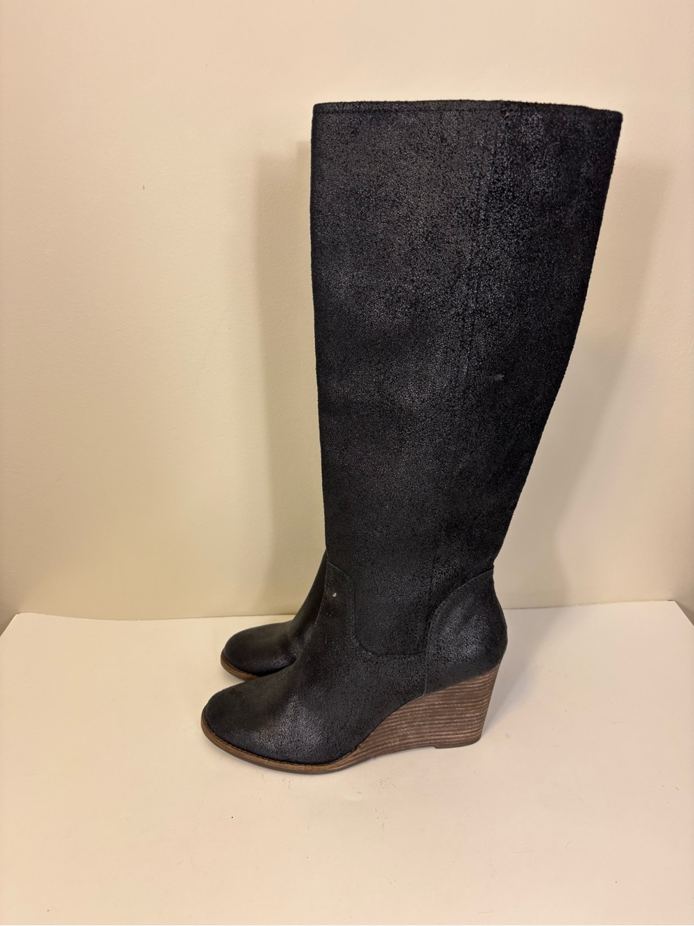 Lucky Brand Black Suede Shimmer Wedge Knee High Tall Boots 9.5
